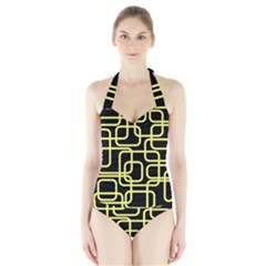 Yellow And Black Decorative Design Halter Swimsuit by Valentinaart