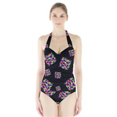 Flying  Colorful Cubes Halter Swimsuit by Valentinaart