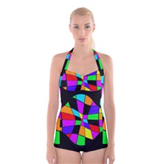 Abstract Colorful Flower Boyleg Halter Swimsuit  by Valentinaart