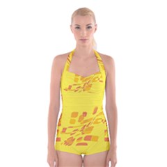 Yellow Abstraction Boyleg Halter Swimsuit  by Valentinaart