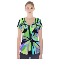 Green Abstract Flower Short Sleeve Front Detail Top by Valentinaart