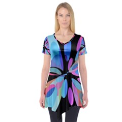 Blue Abstract Flower Short Sleeve Tunic  by Valentinaart