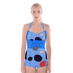 Blue Abstraction Boyleg Halter Swimsuit  by Valentinaart