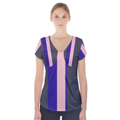 Purple, Pink And Gray Lines Short Sleeve Front Detail Top by Valentinaart