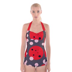 Red And Pink Dots Boyleg Halter Swimsuit  by Valentinaart