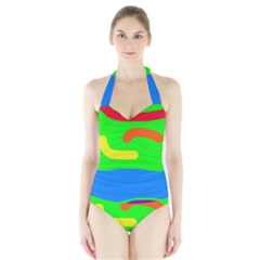 Rainbow Abstraction Halter Swimsuit by Valentinaart
