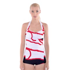 Red, Black And White Design Boyleg Halter Swimsuit  by Valentinaart