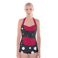 Red, Black And White Abstraction Boyleg Halter Swimsuit  by Valentinaart