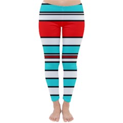 Blue, Red, And White Lines Winter Leggings  by Valentinaart