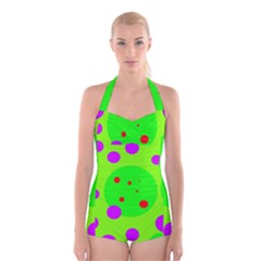 Green And Purple Dots Boyleg Halter Swimsuit  by Valentinaart