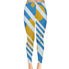 Blue, Yellow And White Lines And Circles Leggings  by Valentinaart