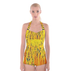 Yellow Pattern Boyleg Halter Swimsuit  by Valentinaart