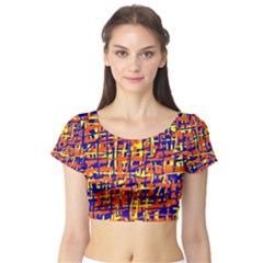 Orange, Blue And Yellow Pattern Short Sleeve Crop Top (tight Fit) by Valentinaart