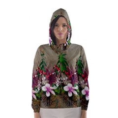 Wonderful Tropical Design With Palm And Flamingo Hooded Wind Breaker (women) by FantasyWorld7
