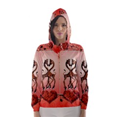 Cute Giraffe In Love With Heart And Floral Elements Hooded Wind Breaker (women) by FantasyWorld7