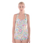 Hippie Flowers Pattern, Pink Blue Green, Zz0101 Boyleg Halter Swimsuit 