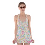 Hippie Flowers Pattern, Pink Blue Green, Zz0101 Halter Swimsuit Dress