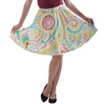 Hippie Flowers Pattern, Pink Blue Green, Zz0101 A-line Skater Skirt