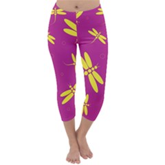 Purple And Yellow Dragonflies Pattern Capri Winter Leggings  by Valentinaart