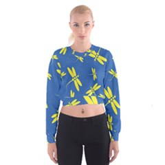 Blue And Yellow Dragonflies Pattern Women s Cropped Sweatshirt by Valentinaart
