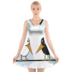 Black And White Birds V-neck Sleeveless Skater Dress by Valentinaart