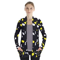 Yellow, Black And White Pattern Women s Open Front Pockets Cardigan(p194) by Valentinaart