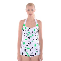 Green, Black And White Pattern Boyleg Halter Swimsuit  by Valentinaart