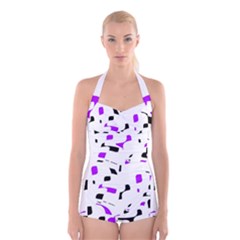 Purple, Black And White Pattern Boyleg Halter Swimsuit  by Valentinaart