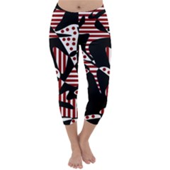 Red, Black And White Abstraction Capri Winter Leggings  by Valentinaart