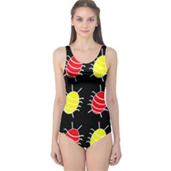 Red And Yellow Bugs Pattern One Piece Swimsuit by Valentinaart