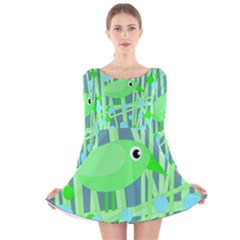 Green Bird Long Sleeve Velvet Skater Dress by Valentinaart