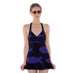 Purple Fishes Pattern Halter Swimsuit Dress by Valentinaart