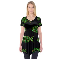Green Fishes Pattern Short Sleeve Tunic  by Valentinaart