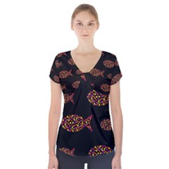 Orange Fishes Pattern Short Sleeve Front Detail Top by Valentinaart