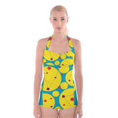 Yellow And Green Decorative Circles Boyleg Halter Swimsuit  by Valentinaart