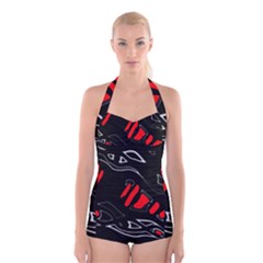 Black And Red Artistic Abstraction Boyleg Halter Swimsuit  by Valentinaart
