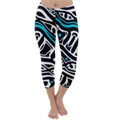 Blue, Black And White Abstract Art Capri Winter Leggings  by Valentinaart