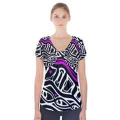 Purple, Black And White Abstract Art Short Sleeve Front Detail Top by Valentinaart
