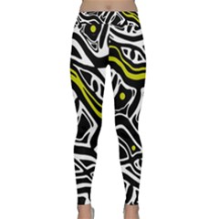 Yellow, Black And White Abstract Art Yoga Leggings  by Valentinaart