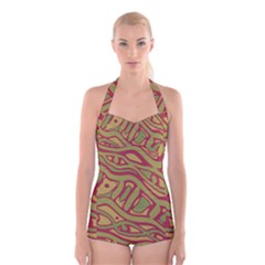 Brown Abstract Art Boyleg Halter Swimsuit  by Valentinaart