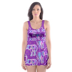 Cute Violet Elephants Pattern Skater Dress Swimsuit by DanaeStudio