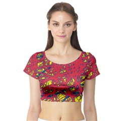 Yellow And Red Neon Design Short Sleeve Crop Top (tight Fit) by Valentinaart