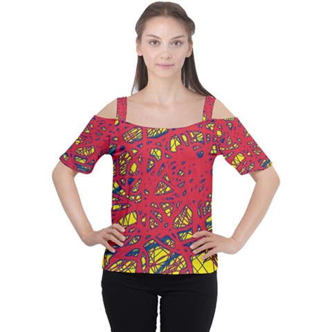 Yellow And Red Neon Design Women s Cutout Shoulder Tee by Valentinaart