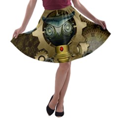 Steampunk, Awesome Owls With Clocks And Gears A-line Skater Skirt by FantasyWorld7