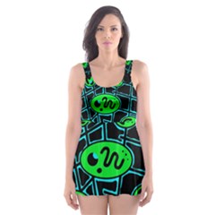 Green And Blue Abstraction Skater Dress Swimsuit by Valentinaart