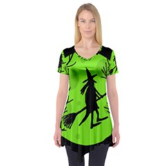 Halloween Witch - Green Moon Short Sleeve Tunic  by Valentinaart