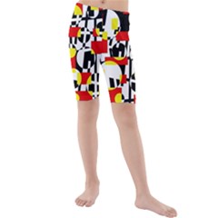 Red And Yellow Chaos Kid s Mid Length Swim Shorts by Valentinaart