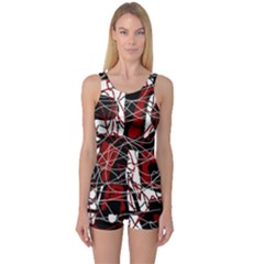 Red Black And White Abstract High Art One Piece Boyleg Swimsuit by Valentinaart