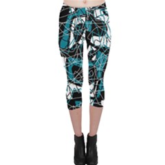 Blue, Black And White Abstract Art Capri Leggings  by Valentinaart
