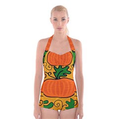 Thanksgiving Pumpkin Boyleg Halter Swimsuit  by Valentinaart